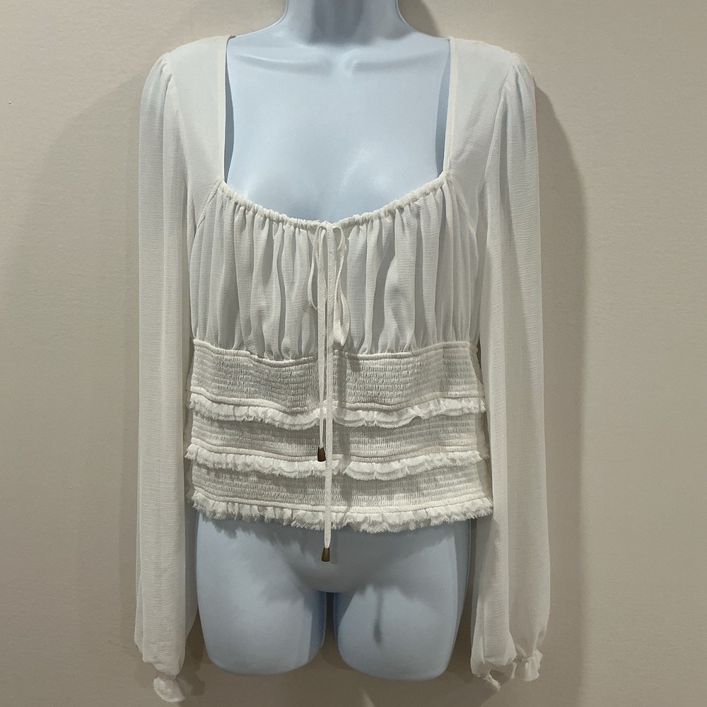 Free People Solid Lolita Blouse Sz M Top Long Sleeve Ivory Boho Peasant Festival